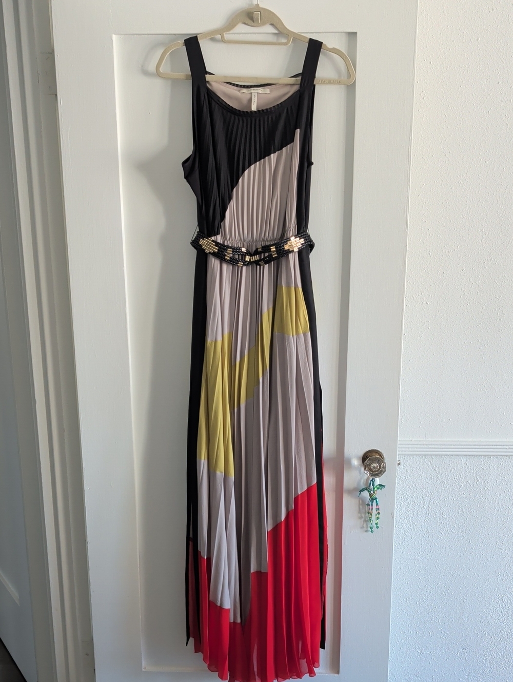 Pleated Colorblock Maxi Dress in Black, Gray, Yellow, Red